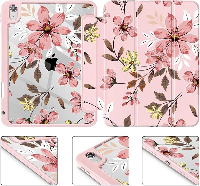 Mektron Case for 2026 iPad Air 13 inch M4 Cover Compatible 2025 iPad Air 13 inch M3 2024 iPad Air 13 inch M2 with Pencil Holder Shockproof Clear Shell Floral C293