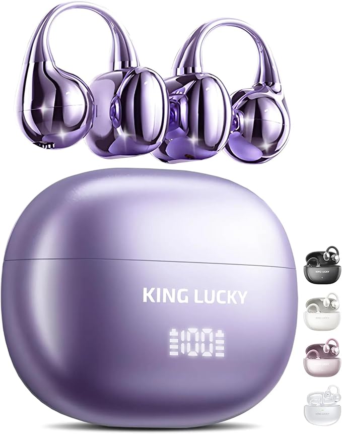 King Lucky Clip-On Earbuds Gen 3 Open-Ear Wireless Bluetooth 6.0 Headphones with Mic Secure Fit for Small Ears &amp Glasses Wearers 50H Playtime LED Digital Display ENC IPX5 Waterproof (Purple)