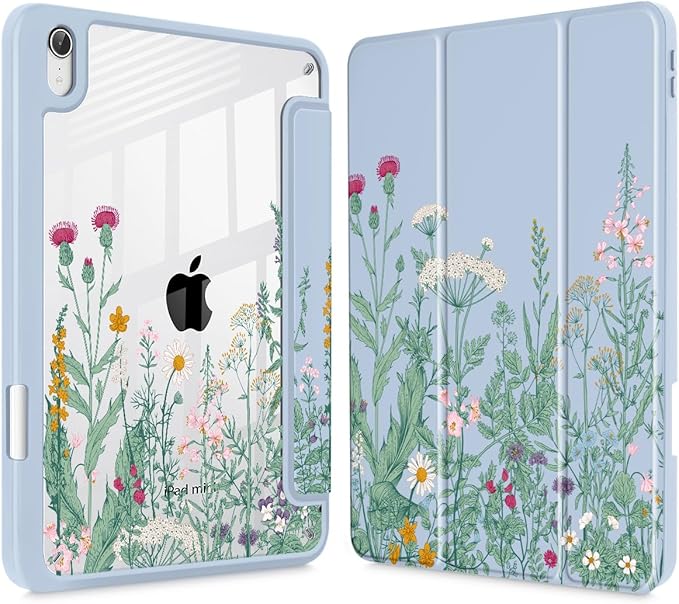 May Chen Slim Case for iPad mini 7 (A17 Pro 7th Generation) 2024 / iPad mini 6 (6th Gen) 8.3 Inch [Built-in Pencil Holder] Shockproof Cover Clear Clear Back Shell Auto Wake/Sleep Herbs Flowers