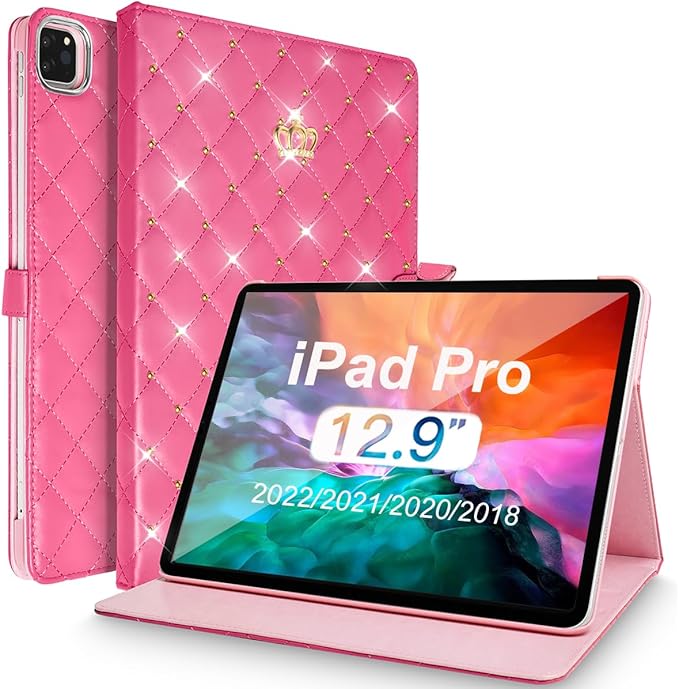for iPad Pro 12.9 inch 6th/5th/4th/3rd Case (2022/2021/2020/2018) Girly Woman Cute Crown Elegant PU Leather Bling Diamond Smart Auto Wake/Sleep Stand Flip Cover for iPad Pro 12.9 (Hot Pink)