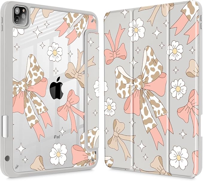 Tuiklol Case for iPad Pro 12.9 Inch M2 Case 2022 2021 2020 2018 Generation 6th/5th/4th/3rdBuilt-in Pencil Holder Clear Transparent Protective Back Shell Cover Leopard Bow Pink