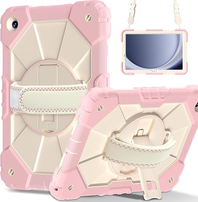 Case for Samsung Galaxy Tab A11+ 11 Inch 2025 (X230/X236B)/A9 Plus(X210/X216/X218) Heavy Duty Shockproof Rugged 360 Rotating Hand Strap Protective Case for Tab A11 Plus Rose Gold+Cream Stone