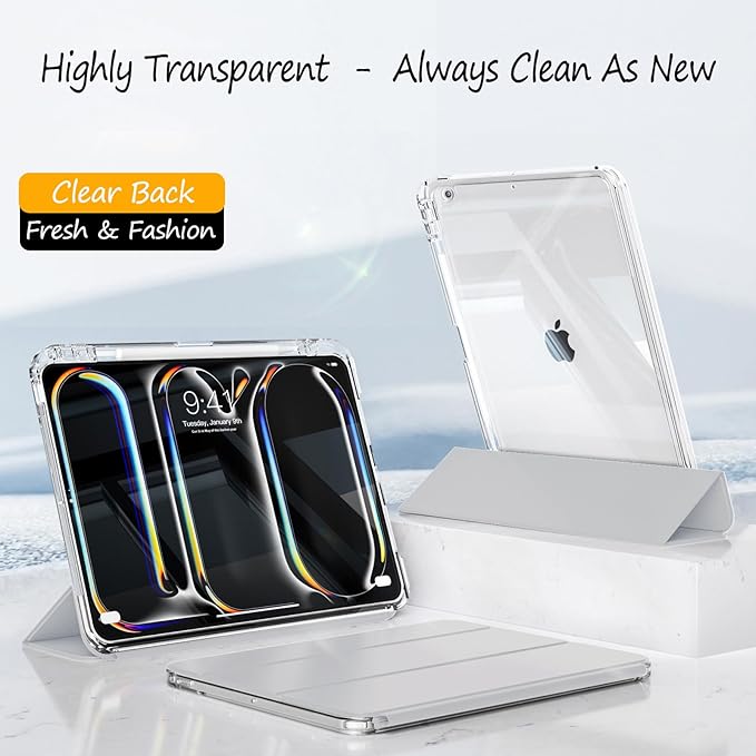 Slim Leather Case for iPad 9th/8th/7th Generation 2021/2020/2019(10.2 inch) Case with Pencil Holder Slide Detachable Magnetic Trifold Stand Shockproof Protective Cute Clear Back Cover (Grey)