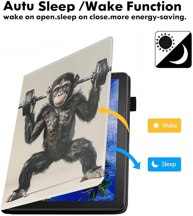 Case for Amazon Kindle Fire 7 Tablet (7 9th/7th Generation 2019/2017 Release) Slim PU Leather Cover with Card Slot &amp Auto Wake/Sleep Funny Orangutan Lifting Barbell