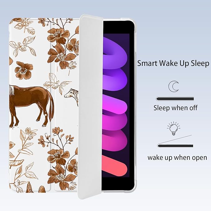 Cute Brown Horse Flower for iPad Pro 13 Inch Case (M5/M4) 2025/2024 with Pencil Holder Auto Sleep/Wake White Leather Soft TPU Back Cover