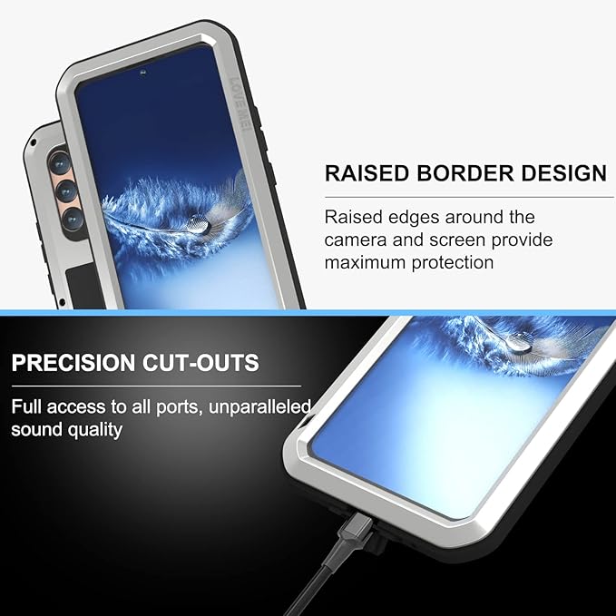 LOVE MEI Military Rugged Case for Samsung Galaxy S22 Plus5G with Tempered Glass Screen Protector Shockproof DustproofHybrid Metal and Silicone Gel Heavy Duty Full Body Cover for S22 Plus Silver
