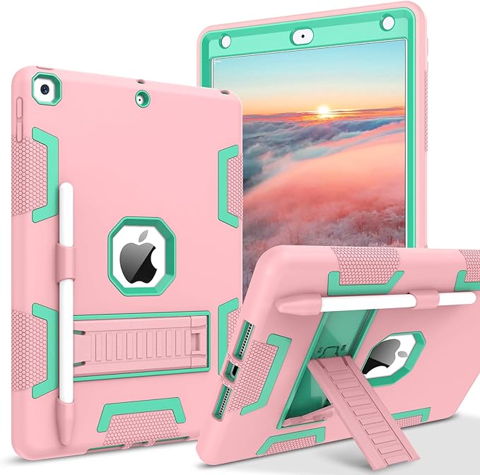 BENTOBEN for iPad 9th Generation Case iPad 8th/7th Gen Case iPad 10.2 2021/2020/2019 Case 3 in 1 Heavy Duty Rugged Kickstand Protective Cover with Pen Holder for Girl Women Rose Gold/Green