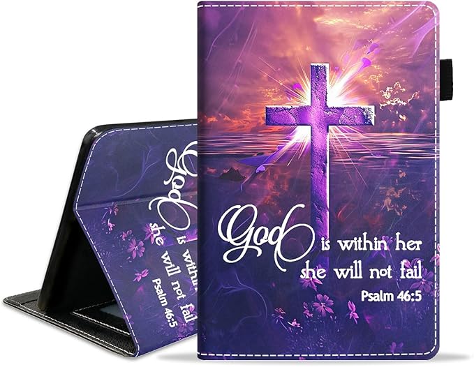 Case for Amazon Kindle Fire 7 Tablet (7 9th/7th Generation 2019/2017 Release) Slim PU Leather Cover with Card Slot &amp Auto Wake/Sleep Cross Quote Bible Verses Psalm 46:5