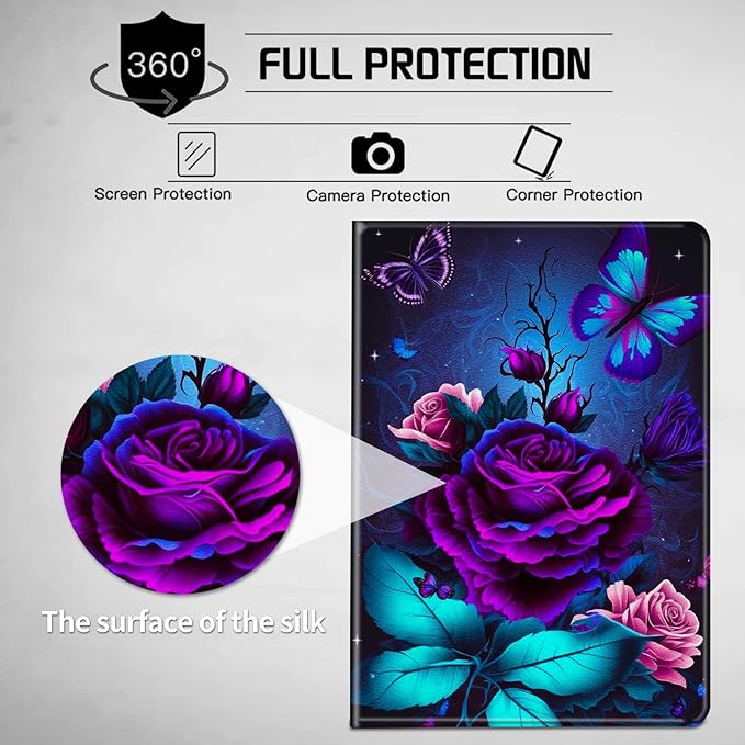 for All-New Fire HD 10 Tablet Case (13th Generation 10.1 inch 2023 Release) with Adjustable Stand &amp Auto Wake/Sleep Feature Smart Protect Cover Case - Purple Rose and Blue Butterfly