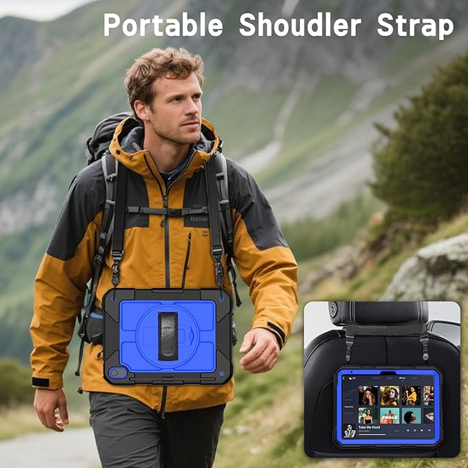 MENZO Case for iPad A16 11th Generation 11 Inch 2025 iPad 10th Gen 2022 10.9 inch 360° Rotating Stand Built-in Pencil Holder Convenient Hand and Shoulder Strap Durable Shockproof Black+Deep Blue