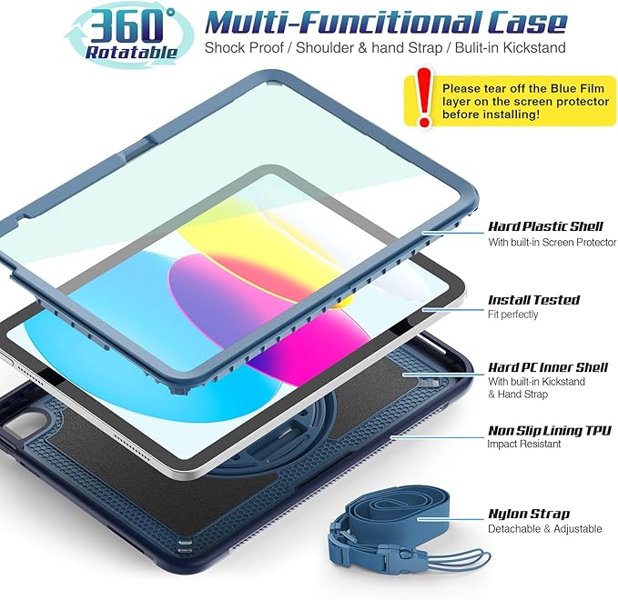 SEYMAC stock Case for iPad A16 11-inch Case 2025/ for iPad 11th/ 10th Generation 10.9'' 2022 Protective with Screen Protector Pen Holder Rotate Stand Loop Nylon Hand Strap Shoulder Strap Blue