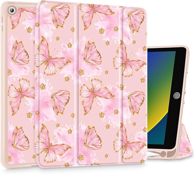 Tuiklol Case for iPad 10.2 Inch 2021 2020 2018 Release 9th / 8th / 7th Generation Built-in Pencil Holder TPU Protective Stand Back Cover Trifold Stand-Auto Wake/Sleep Butterfly Pink
