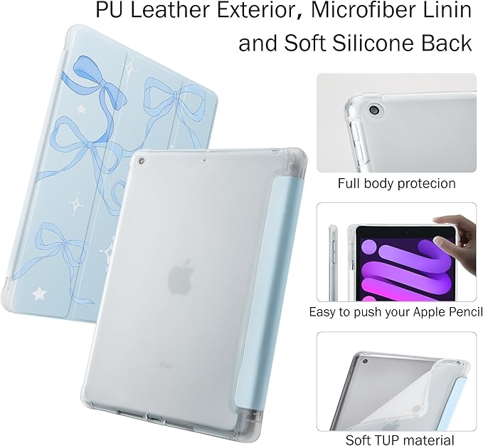 Idocolors Case for iPad 11 inch (A16 Chip) 2025 Generation 11th / iPad 10.9 inch 2022 10th Gen Built-in Pencil Holder with Soft TPU Shockproof Back Shell Auto Wake/Sleep Blue Ribbon Bow-Blue