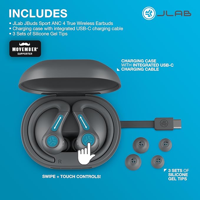 JLab JBuds Sport ANC 4 True Wireless Bluetooth Earbuds + Charging Case Graphite Swipe + Touch Controls Hybrid Active Noise Cancelation Multipoint Connect Customized Settings App