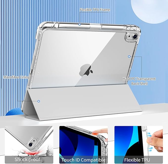 kenke Hybrid Case for iPad Air 11 Inch (M3) 2025 / (M2) 2024 iPad Air 5th/4th Gen 2022/2020 10.9 Inch with Pencil Holder Detachable Cover with Clear Hard Back Shell Auto Sleep/Wake Gray White