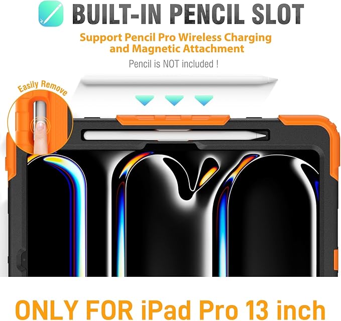 HXCASEAC for iPad Pro 13 Inch Case (M5/M4) 2025/2024 Shockproof Design with Pencil Holder Protector Rotating Stand Hand Strap Heavy Duty Protective iPad Pro13 Cover A3360 A2925 A2926 Orange