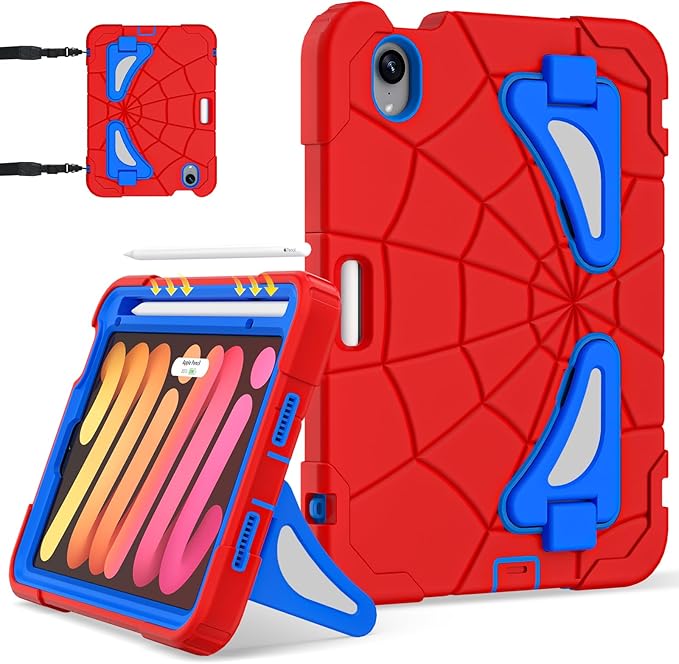 Case for iPad mini 7 (A17 Pro) 2024 iPad mini 6 2021 8.3-Inch Kids Friendly Shockproof Cover with Kickstand Shoulder Strap Pen Holder Support Pencil Pro &amp Pencil USB-C Red Blue