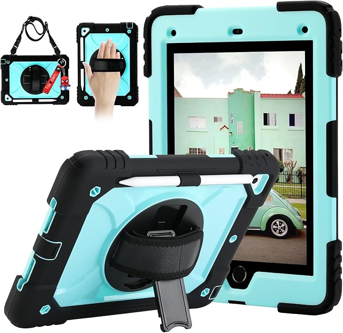 for iPad 6th Generation/iPad 5th Gen/iPad Air 2/iPad Pro 9.7 Case with Cute Key Chain Rugged Protective Case with Rotating Stand &amp Shoulder Hand Strap for iPad 6th/5th/ Air 2 (Black+Aqua)