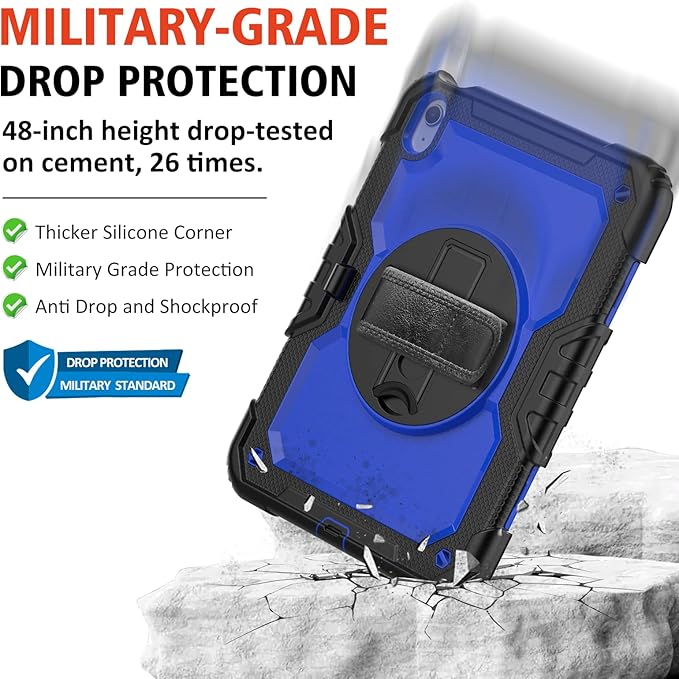 Ambison Case for iPad (A16) 11th/10th Generation 11''/10.9'' 2025/2022 [Kid Proof] Full Body Protective Case with 9H Tempered Glass Screen Protector 360° Rotatable Kickstand &amp Hand Strap (Blue)