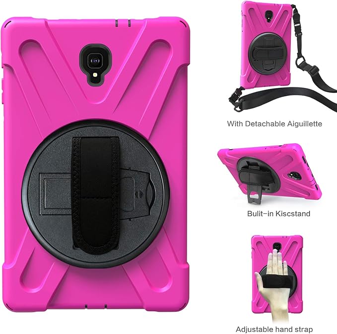 Rugged Case for Samsung Galaxy Tab A 10.5 2018 (SM-T590/T595/T597) Portable Hybrid Shock-Proof Cover with 360° Rotatable Hook&ampLoop HandleShoulder Strap (Rose)