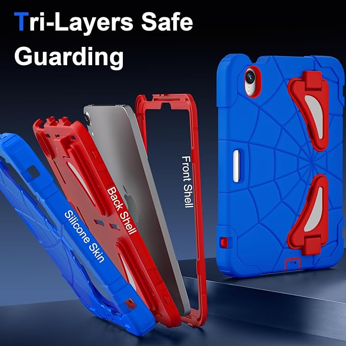 Kids Case for iPad mini 7 A17 Pro 2024/ Mini 6 8.3 inch Spider Case for iPad mini 7th 6th Generation Shockproof Durable Full Protective Cover with Pencil Holder Kickstand (Blue+Red)