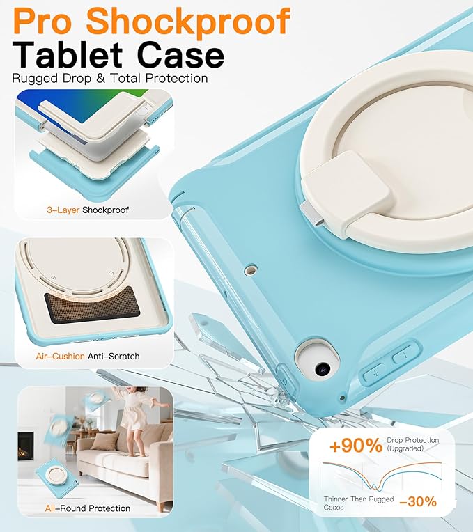 BATYUE Shockproof Case for iPad mini 4/5 (2015/2019) - 360° Multi-Angle Stand (Portrait &amp Landscape) &amp Grip Pencil Holder (Elastic Loop) Multi-Scene for All Ages Frozen Blue
