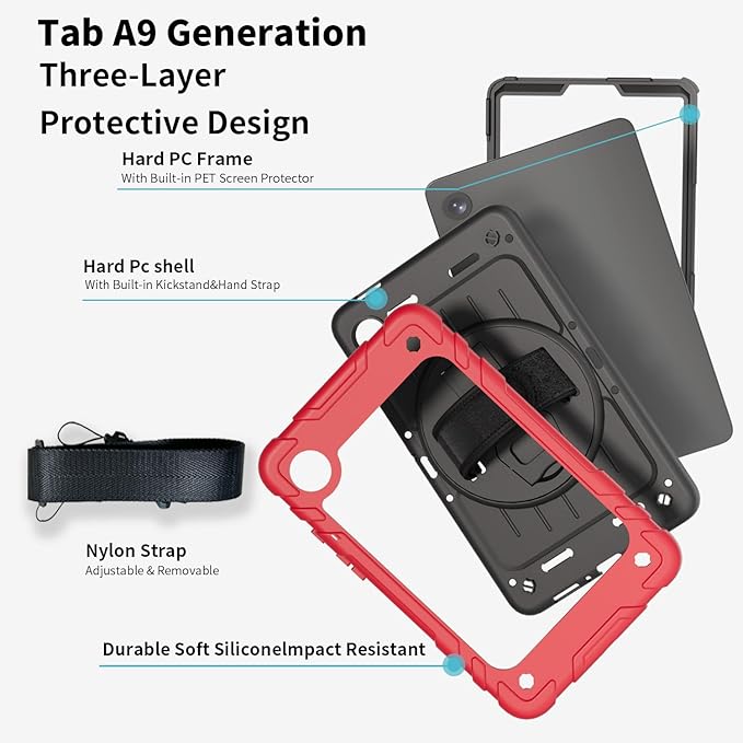 Case for Samsung Galaxy Tab A9 Case 8.7 Inch 2023 with 360 Rotating Hand Strap &amp Shoulder StrapProtective Case for Galaxy Tab A9 8.7 Tablet SM-X110/X115/X117 (Red+Black)