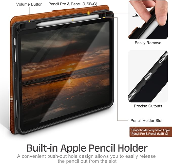 KingBlanc for iPad Air 11-inch Case M4 2026/M3 2025/M2 2024 iPad Air 5th/4th Generation (2022/2020 10.9) with Pencil Holder Vegan Leather Stand Cover Auto Sleep Wake Viewing/Typing Angle Brown