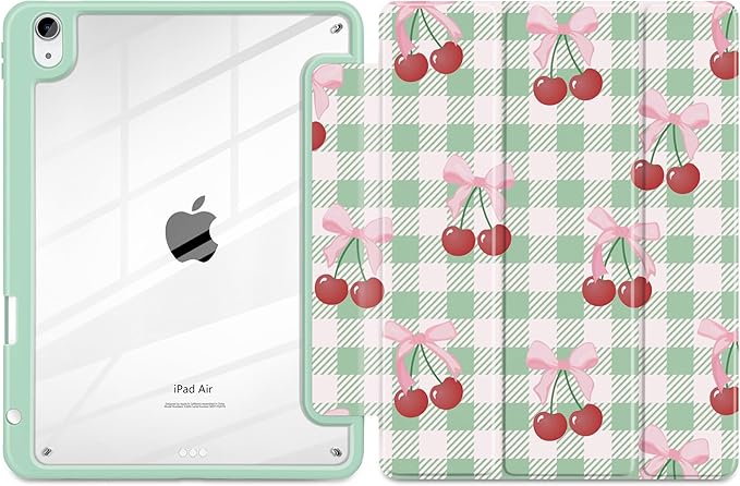 DONGKE Case for iPad Air 11-inch M4 2026 &amp M3 2025 &amp M2 2024 iPad Air 5th/4th Generation 10.9 2022/2020 [Built-in Pencil Holder] Clear Acrylic Back Trifold Stand Smart Cover Green Cherry