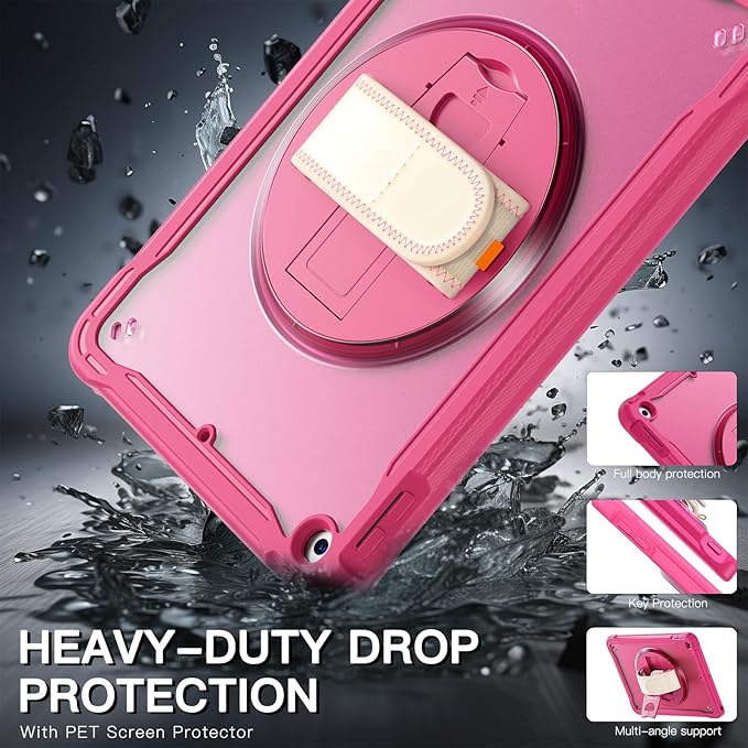 BRAECNstock for iPad 9th/ 8th/ 7th Generation Case 10.2 2021/2020/2019Shockproof Cover with 360° Rotating Hand Strap/StandScreen ProtectorCarrying Shoulder StrapPencil Holder(Rose Red)