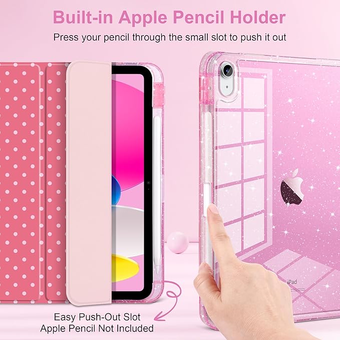 DONGKE for iPad Pro 11 inch Case – Fits M5 2025 / M4 2024 Shockproof Sparkling Glitter Acrylic Back Pencil Holder Trifold Stand Auto Sleep/Wake &amp Touch ID Support - Dark Pink Polka Dot
