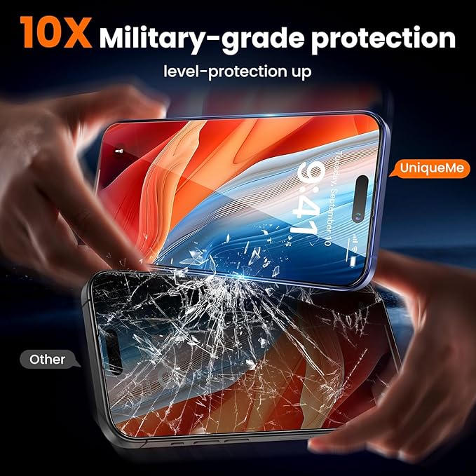 UniqueMe for iPhone 15 Plus / 16 Plus Screen Protector - [Military Grade Shatterproof &amp 9H+ Hardness] Tempered Glass Full Coverage Protection Easy Installation 2 Packs