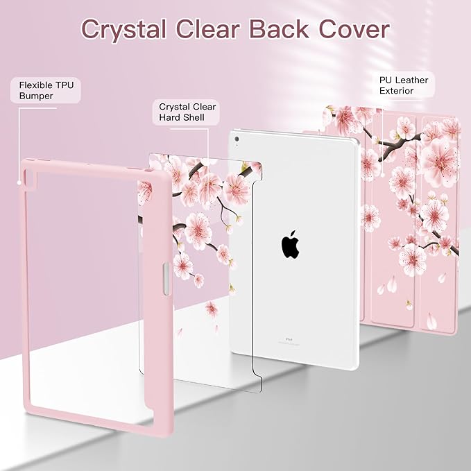 Teryeefi for iPad 10.2 case 9 Generation Built in Pencil Holder - Stand-Auto Wake/Sleep TPU Protection Stand Clear Back Cover for 2021 2020 2019 iPad 7th/8th/9th Case (Cherry Blossoms)