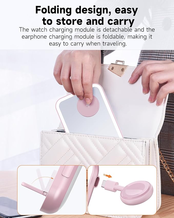 Tron 3 in 1 Qi Wireless Charger Mirror Pink Include led 6 ft Led Cable and 25w Power Adapter. Pink Color