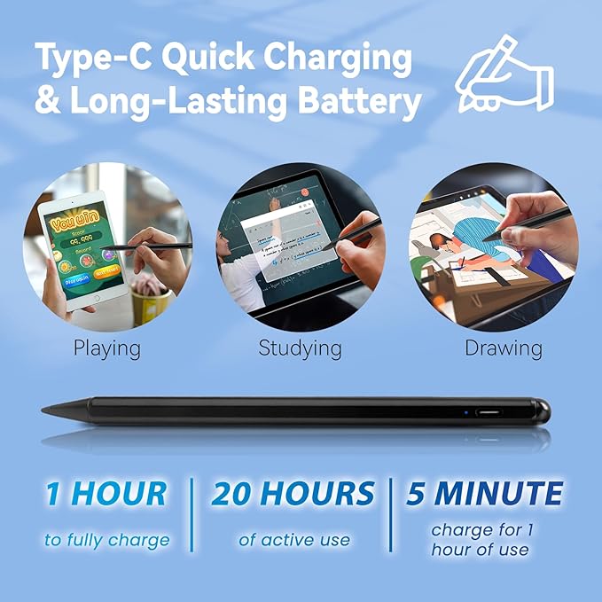 iPad 10th/9th/8th Generation 10.2 Stylus Pencil with Palm RejectionType C Charge 1.5mm POM Tip Active Drawing Writing Pen Compatible with Apple Pencil for iPad Pen 10.2-Inch 10th/9th/8th Black