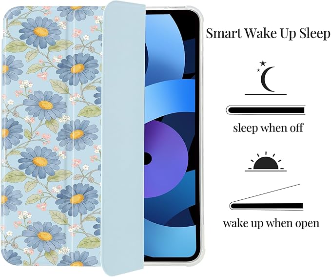 Cute Blue Daisy Clusters for iPad Air 5/Air 4 Case (10.9 Inch2022/2020) Air 5th/4th Gen[Pencil Holder+Auto Sleep/Wake]Slim Stand Soft Leather TPU Back Smart CoverBlue