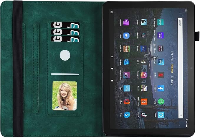 for Amazon Kindle Fire HD 10 &amp HD 10 Plus Case 13th/11th Generation 10.1 inch (2023/2021) Folio Stand Embossed PU Leather Wallet Cover with Pencil Holder/Card Pockes Green Flower Butterfly