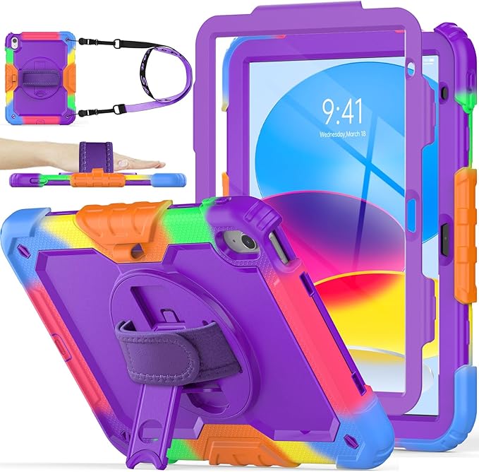 SEYMAC stock Case for iPad (A16) 11th/10th Generation 11''/10.9'' 2025/2022 Full-Body Drop Protection Case with Screen Protector &amp360° Rotate Hand Strap/Stand Purple+Colorful