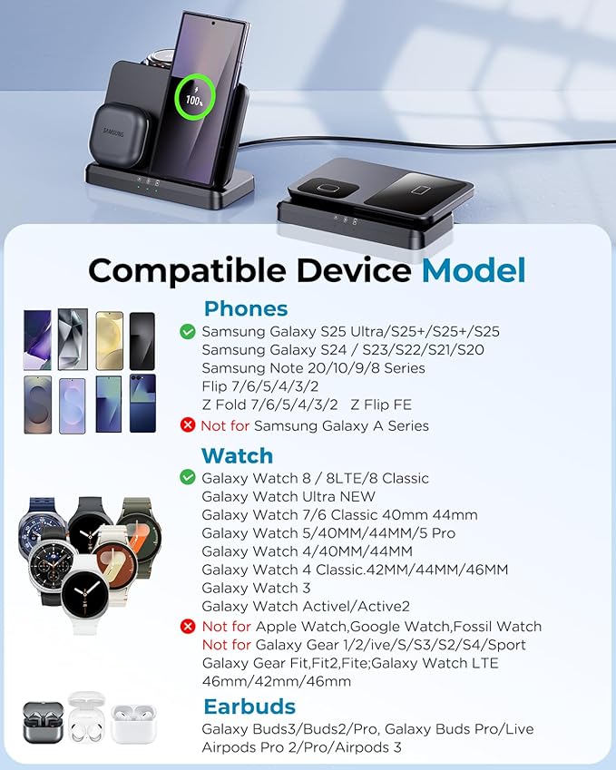 EGV Wireless Charger for Samsung – 3 in 1 Wireless Charging Station for Galaxy S26 Ultra S25 S24 Z Fold Flip 7/6 Detachable Watch Charger for Galaxy Ultra 8/7/6 Foldable Fast Charging No Adapter