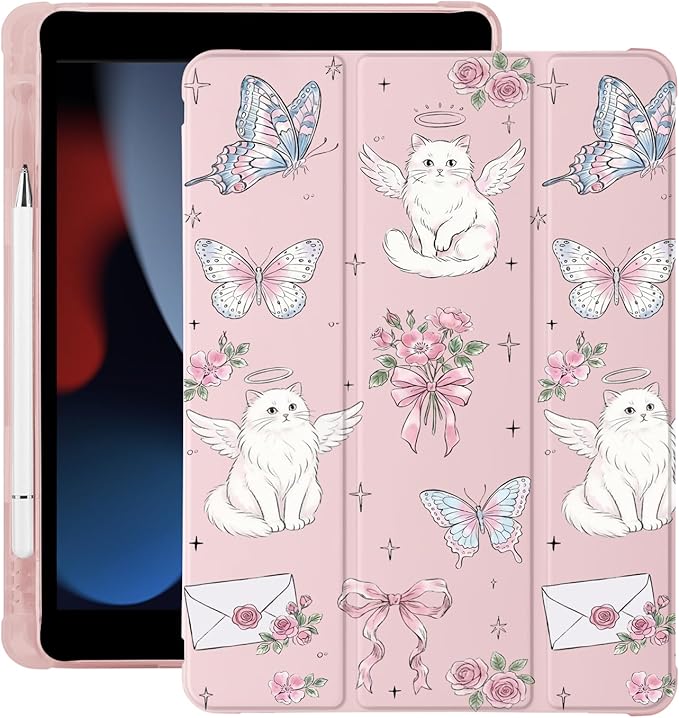 Cute Kawaii Cat Butterfly for iPad 7th/8th/9th Generation Case with Pencil Holder Auto Sleep/Wake Pink Leather Soft TPU Back Cover for iPad 10.2 Inch 2019/2020/2021