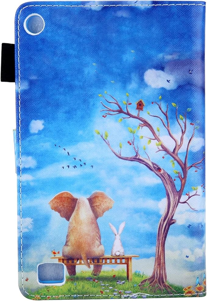 All-New 7 Amazon Kindle Fire 7 Tablet Case (9th/7th/5th Generation 2019/2017/2015) Smart Stand PU Leather Magnetic Cover with Card Pocket Pencil Holder [Auto Sleep/Wake] Elephant Rabbit
