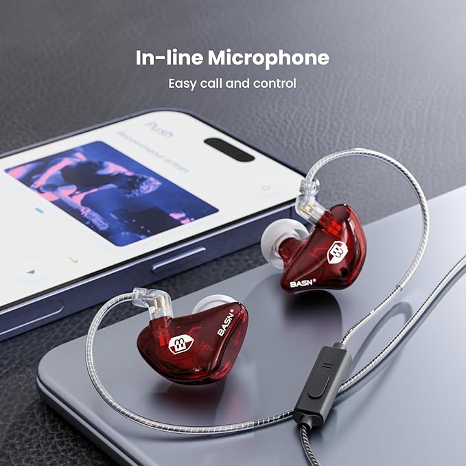 BASN Bsinger Professional in Ear Monitor Headphones Dual Drivers 2-Pin IEM Earbuds with Mic Clear Sound HiFi Earphones for Musicians Drummers and Stage (Red 2-Pin)