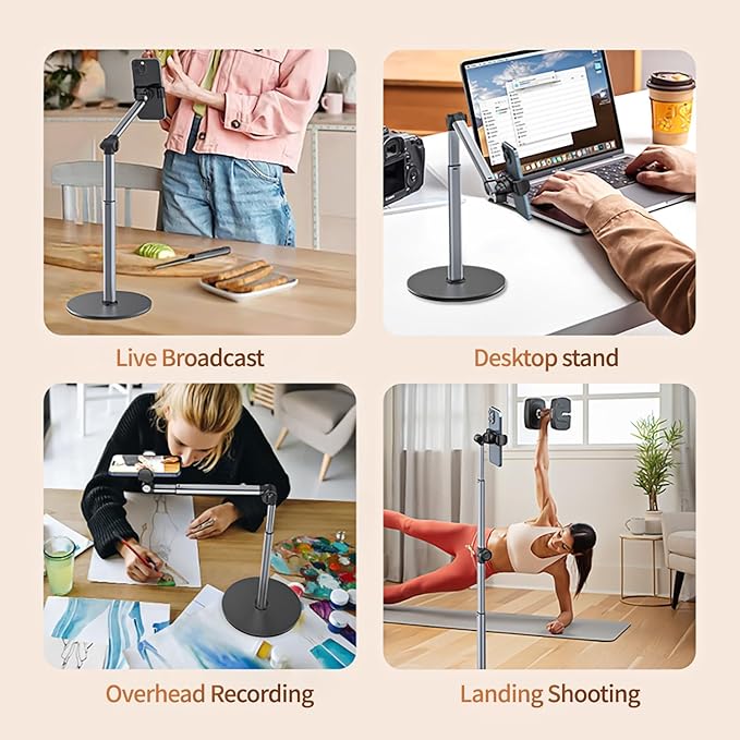 yAyusi Heavy Duty Aluminum Overhead Tripod for iPhone 13.7 in Long Overhead Phone Mount Flexible Articulating Arm Phone Mount for Desk for Live Streaming Meeting Cooking