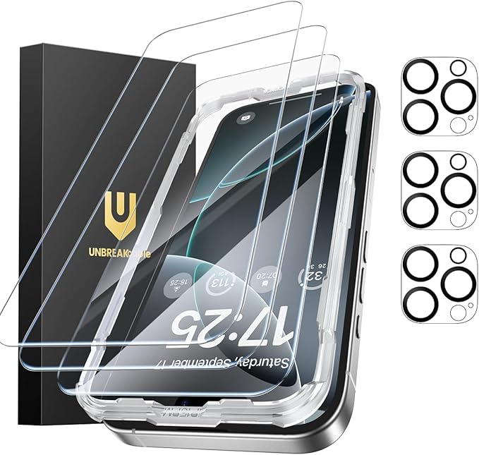 UNBREAKcable iPhone 16 Pro Max Screen Protector 3-Pack 3 Tempered Glass + 3 Camera Lens Protectors 9H Hardness HD Clarity Anti-Fingerprint Case Friendly 6.9 Inch