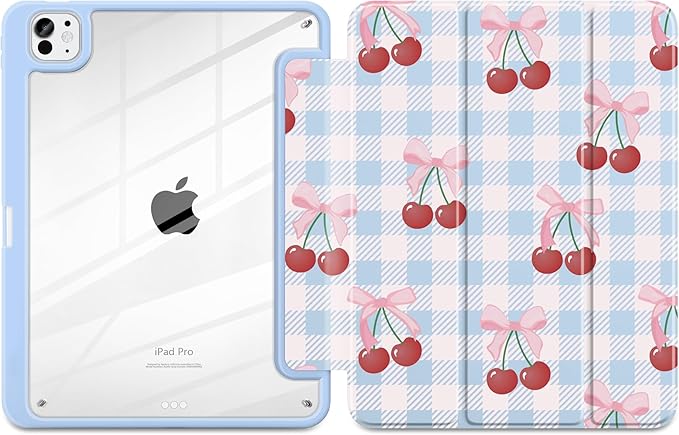 DONGKE for iPad Pro 11-Inch Case (M5 2025 / M4 2024) 6th/5th Generation [Auto Sleep/Wake &amp Pencil Pro Holder] Clear Acrylic Back Smart Trifold Stand Cover Blue Cherry