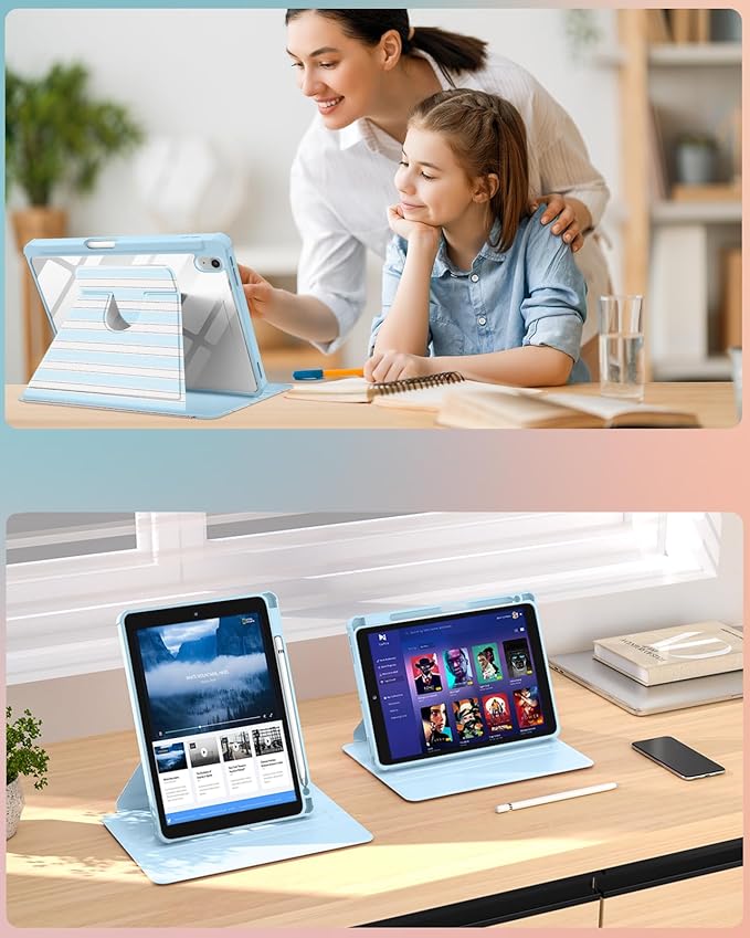 for iPad A16 Case for iPad 10th Generation Case 10.9 inch - 360 Degree Rotating Stand Folio Smart Cover with Pencil Holder for Women Girls Blue &amp White Stripes for Apple 10th 2022/11th 2025