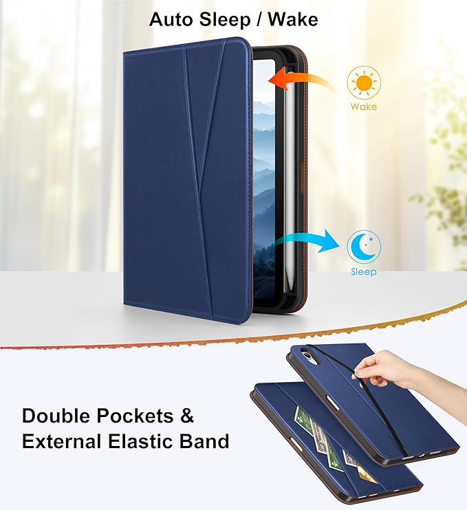 DTTO for iPad mini 7 (A17 Pro) Case iPad mini 7th / 6th Generation Case (2024/2021) 360 Degree Rotating Premium Leather Folio Stand Cover with Pencil Holder Navy Blue