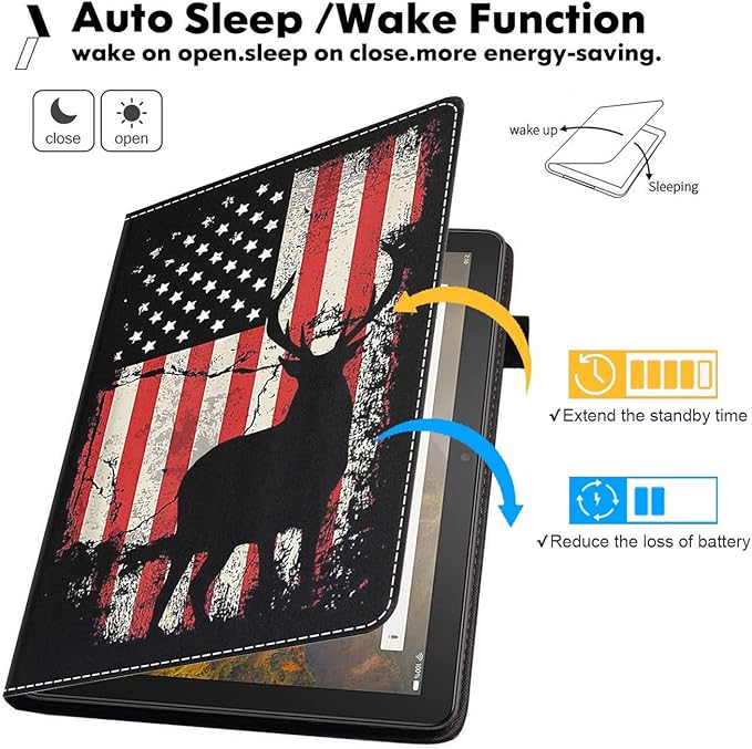 Case for Amazon Kindle Fire HD 10 Tablet 10.1 (9th/7th Generation 2019/2017 Release) Premium PU Leather Stand Cover with Smart Auto Wake American Flag Deer