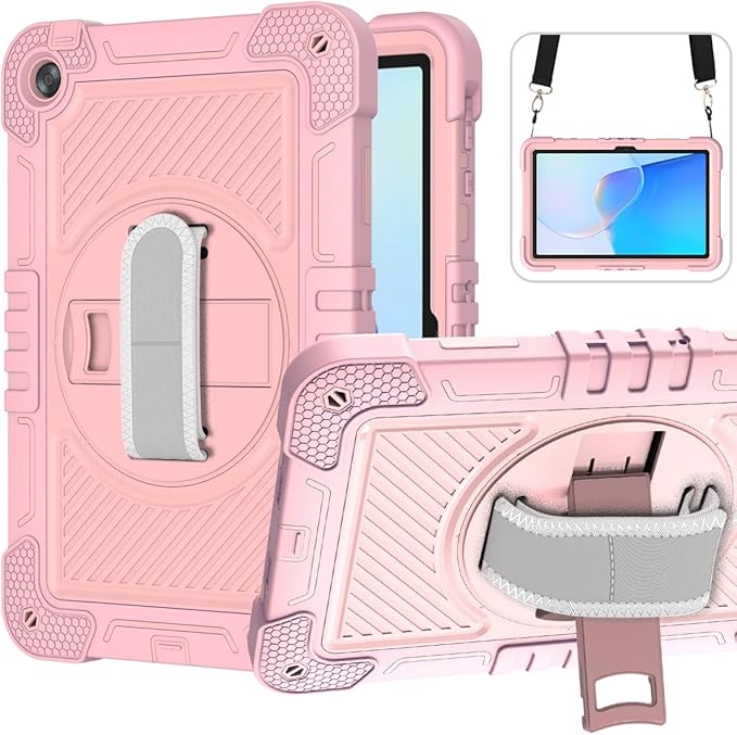 Tablet Case for Huawei MatePad SE 10.4 inch Tablet Shockproof Cover with 360° Rotating Stand and Wrist Strap Shoulder Strap Pink Gold