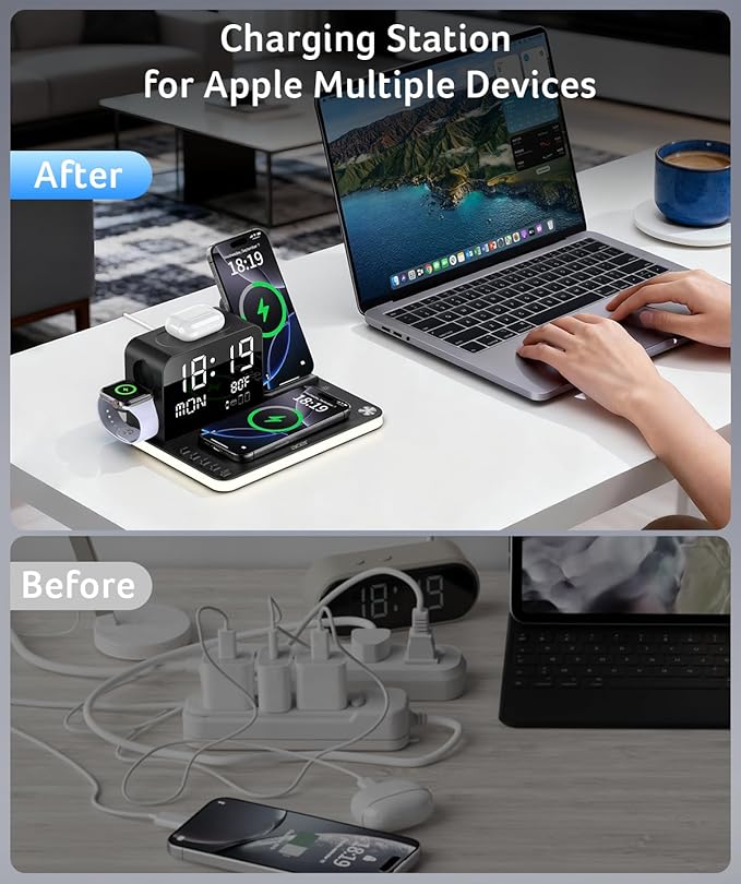 acer 7-in-1 Wireless Charging Station: Charger Stand for Multiple Devices for Apple - iPhone 16 15 14 13 12 Pro Max Apple Watch Airpods Wireless Charger iPhone Charging Station with Bluetooth TimeSyn